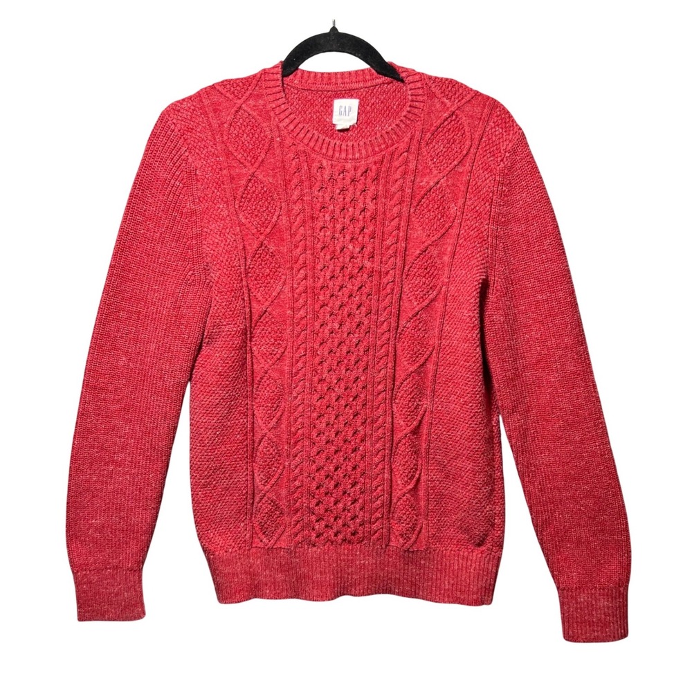 Gap Mens Small Red Cable Knit Crewneck Sweater Cotton Blend Long Sleeve